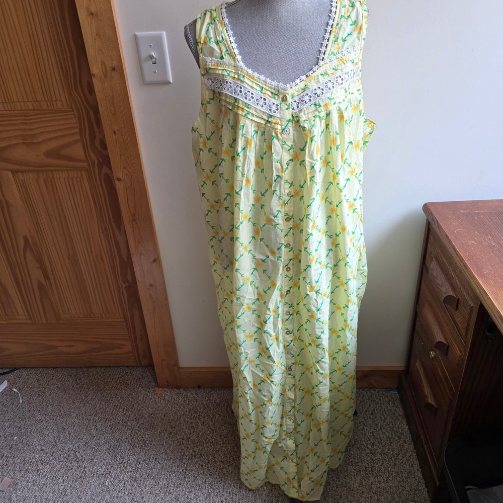 Dreams & Co Floral Cotton Nightgown Maxi Yellow Lace Trim Cottagecore Boho L